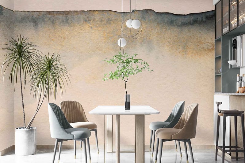 Abstract mural with bold, swirling patterns; vibrant colors including deep blue, rich gold, and soft pink; textured brushstrokes with geometric accents.