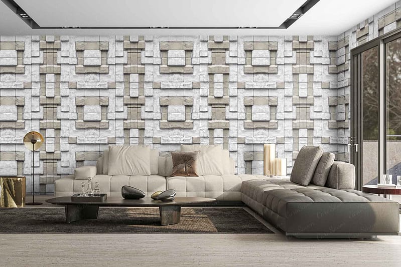 The harlequin-patterned wallpaper in the modern living room features a dynamic diamond design composed of muted tones and subtle colors, including soft grays, gentle creams, and touches of light gold. This geometric pattern adds texture and visual interest to the space, perfectly complementing the room's contemporary aesthetic while enhancing its sophisticated ambiance.