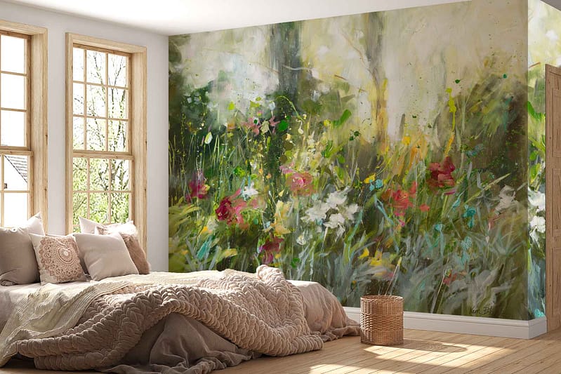 Large mural, abstract floral landscape, vibrant colors, swirling patterns, deep greens, soft blues, hints of warm yellows and pinks.