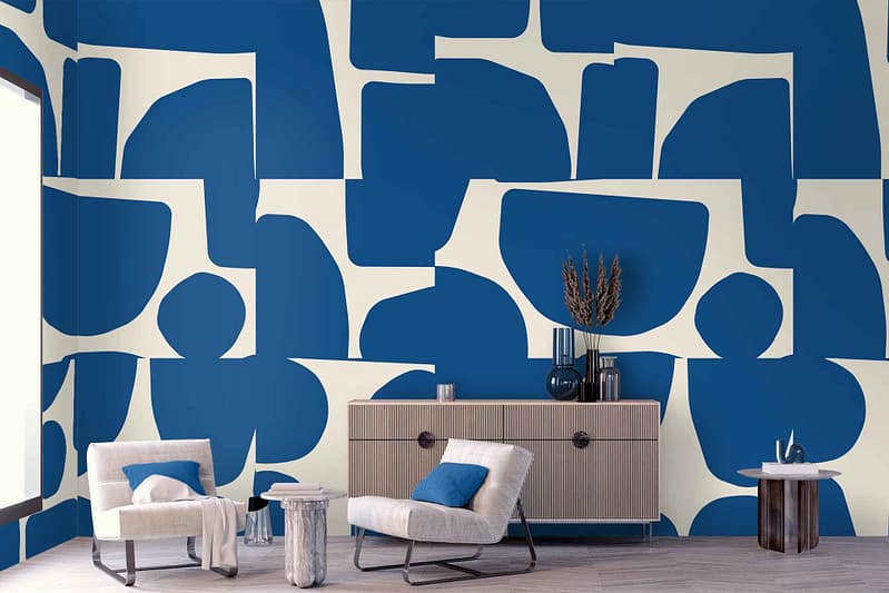 Bold geometric patterns, blue and white colors, reminiscent of Congress's grandeur.