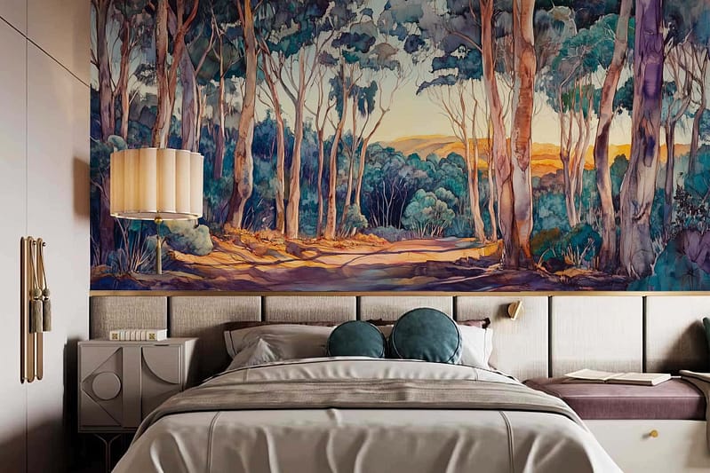 The wallpaper is a vibrant mural by Davis, showcasing a lush forest scene. It features tall trees in various shades of green and brown, with sunlight filtering through the leaves, casting dappled patterns on the ground. A winding pathway draws the eye deeper into the woods. Hints of wildflowers in subtle pops of color and soft earth tones contribute to a harmonious natural palette.