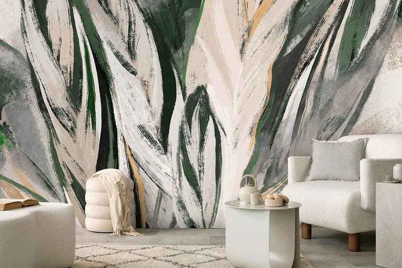 Modern living room wallpaper: large abstract mural featuring green, white, and beige brush strokes, reminiscent of a Congress of colors.