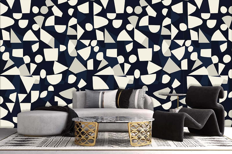 The wallpaper showcases a bold black-and-white geometric pattern, characterized by intricate interlocking shapes and clean lines. The stark contrast between the deep black and crisp white creates a mesmerizing visual effect, perfect for making a modern statement. This eye-catching design is essential for searches focused on geometric patterns or monochrome aesthetics in living room decor.