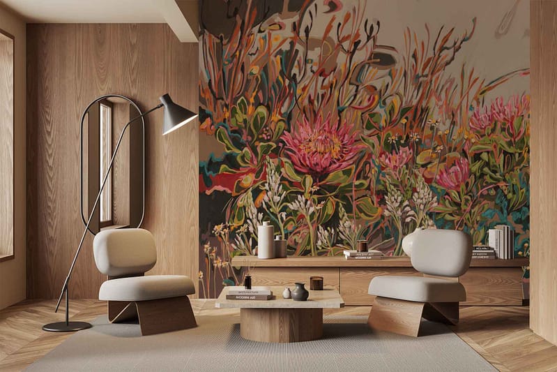 Vibrant abstract floral mural, inspired by Malva blooms; rich purples, pinks, and deep greens; dynamic shapes and flowing lines; bold splashes of color with soft gradients; nature-inspired patterns with an artistic twist.