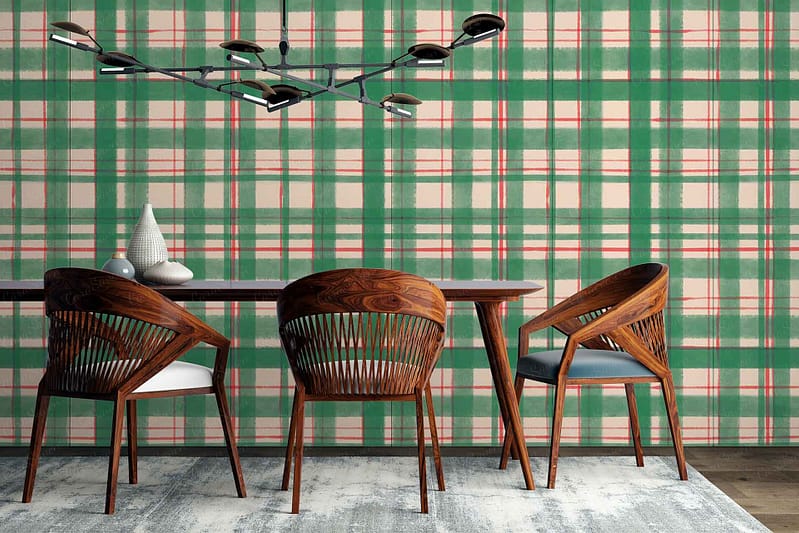 Bold plaid wallpaper featuring green, red, and beige colors.