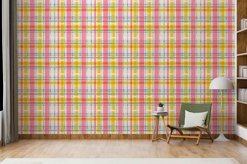 Colorful plaid-patterned wallpaper featuring various colors in intersecting lines and squares.