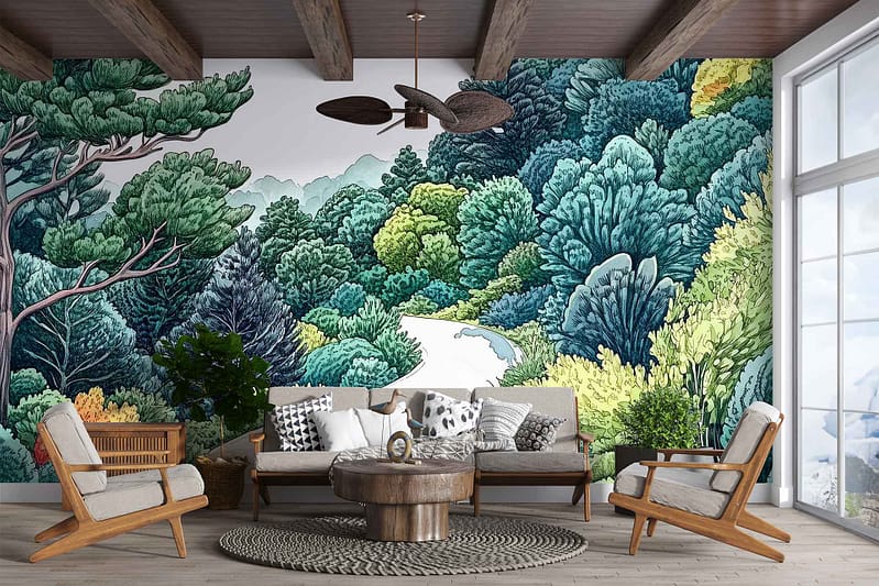 The mural showcases a vibrant, stylized forest landscape with rich greens, deep emeralds, and lush moss tones. It features elements of towering trees with intricate bark textures and delicate leaves in shades of lime and olive. Vivid splashes of golden sunlight filter through the canopy, interwoven with hints of azure to suggest clear skies peeking through. Splashes of russet and amber add depth, representing the autumnal undergrowth. The scene conveys movement through artistically swirling patterns that evoke a sense of tranquil vitality.