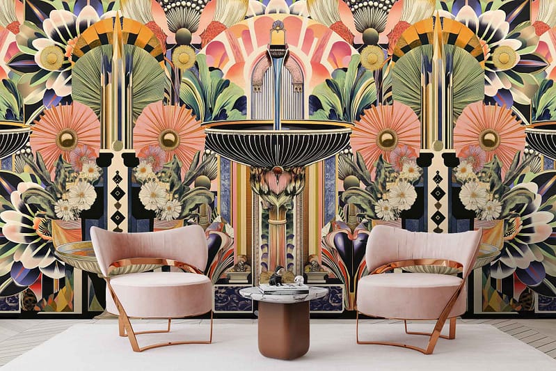 The Art Deco-inspired wallpaper features a vibrant floral and geometric mural with elements of large flowers, intricate leaves, and ornate patterns. Dominant colors include bold pinks, lush greens, striking golds, deep blues, and bright oranges. Geometric shapes interweave with floral motifs to create a dynamic and colorful atmosphere. This eye-catching design is perfect for setting a bold backdrop highlighting Art Deco elegance with modern vibrancy.