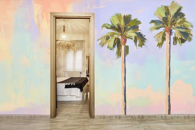 The wallpaper is a colorful mural with a dream-like quality, featuring two palm trees against a pastel background.
