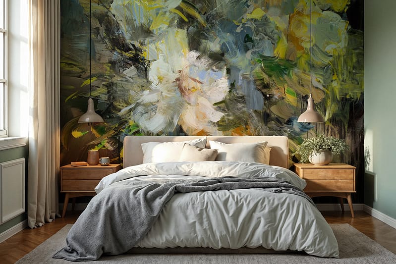 Vibrant abstract floral mural featuring greens, yellows, and whites.