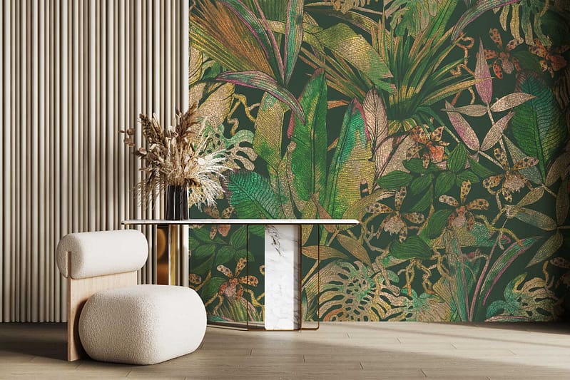 Tropical leaf mural with vibrant colors: green, pink, and yellow leaves. Exotic design features lush, overlapping foliage patterns.