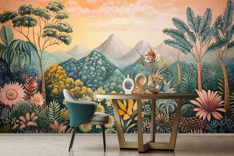 A vibrant mural depicting a lush tropical dreamscape. Features mountains, various trees, and colorful flowers. Bright and vivid colors like greens, blues, pinks, and yellows dominate the scene.