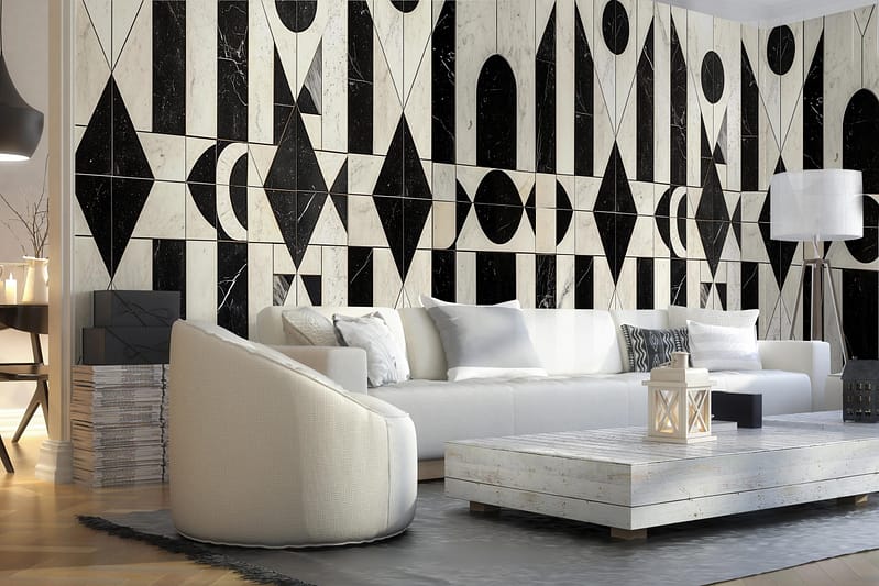 Geometric black and white pattern with bold, contrasting shapes and lines, creating a striking visual effect.