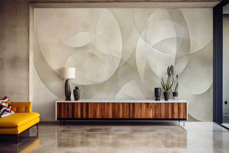 3D abstract textured wall featuring geometric patterns, subtle metallic accents, shades of grey and silver with hints of deep blue.