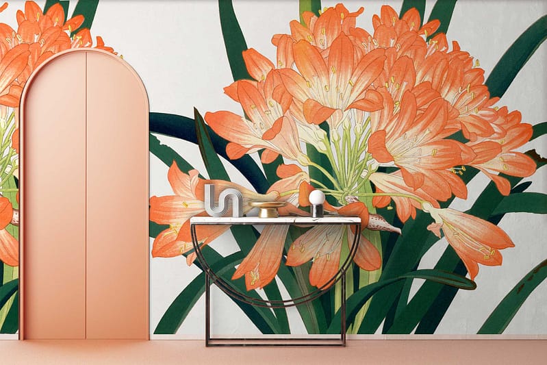 The wallpaper features large, vibrant orange flowers with green leaves in an Art Deco style.