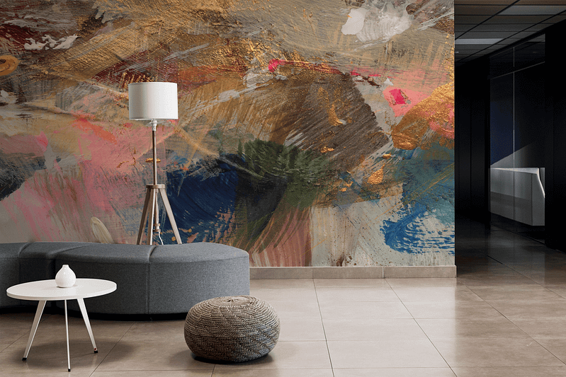 Abstract mural with earthy and pastel tones.