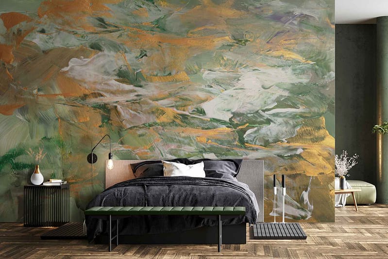 The wallpaper in the modern bedroom showcases an abstract Art Deco dream with intricate patterns of deep green and striking gold. The design features geometric shapes and bold lines, creating a luxurious ambiance. Rich emerald tones intertwine with shimmering gold accents, adding depth and elegance to the wall.