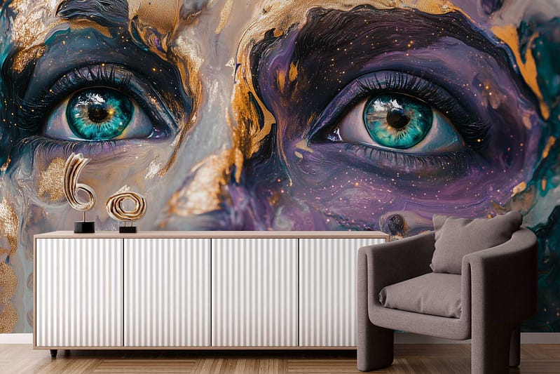 The wallpaper features a soft, muted geometric pattern in shades of cream and pale gold, subtly reflecting Art Deco influences. Delicate accents of teal and coral intertwine, providing depth and contrast against the neutral background. Hints of metallic shimmer throughout enhance the elegant sophistication.