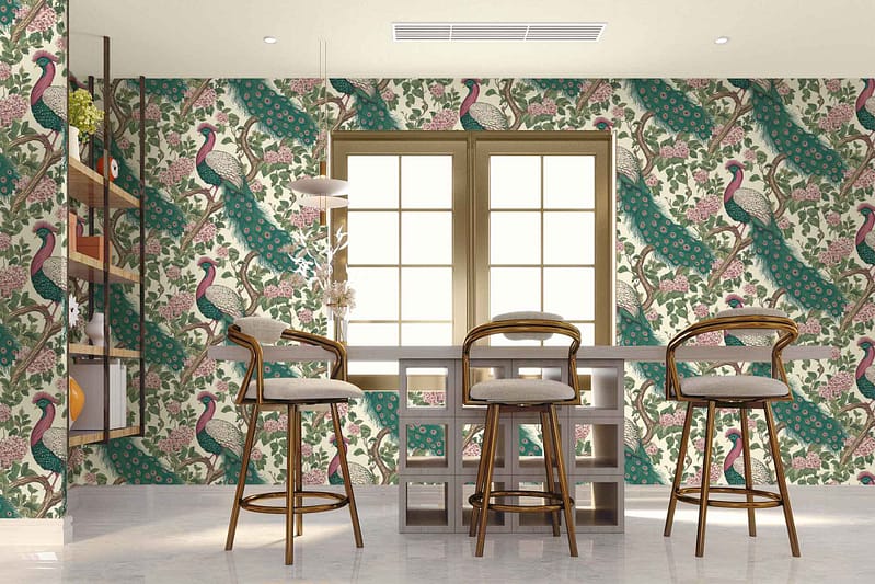 Peacock-themed wallpaper featuring vibrant peacocks, elaborate floral patterns, rich blues, shimmering greens, touches of golds and teals.