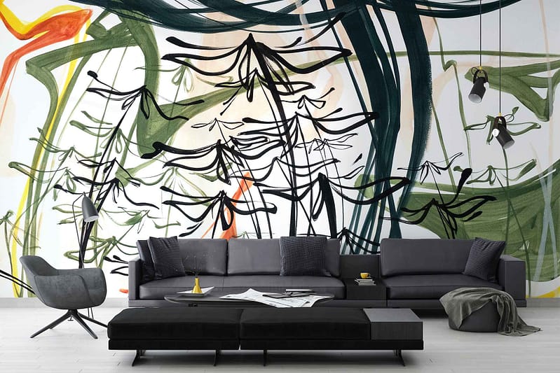A modern living room features a large abstract mural with bold black and vibrant green brushstrokes on a crisp white wall. The striking contrast between the deep black lines and bright green strokes creates a dynamic visual impact against the neutral background.