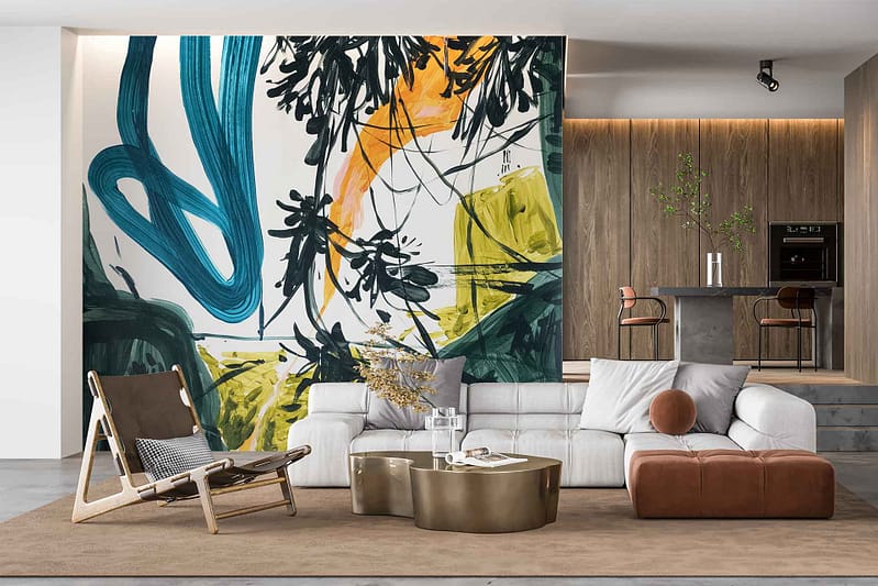 Modern living room wallpaper features large abstract mural with bold brushstrokes in green, blue, and orange.