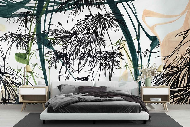 The wallpaper features an abstract design with black plants and green leaves, offering a nature-inspired theme. The bold use of black contrasts with various shades of green, creating a dynamic and artistic visual effect.