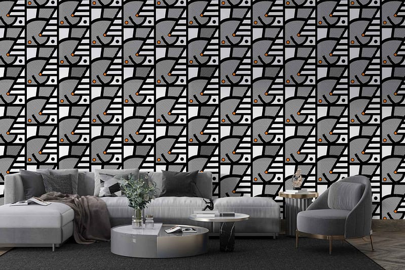 Modern geometric black-and-white patterned wallpaper featuring bold circular and linear shapes. Includes stark contrasts, crisp lines, interlocking circles, and sleek symmetry for a contemporary aesthetic.