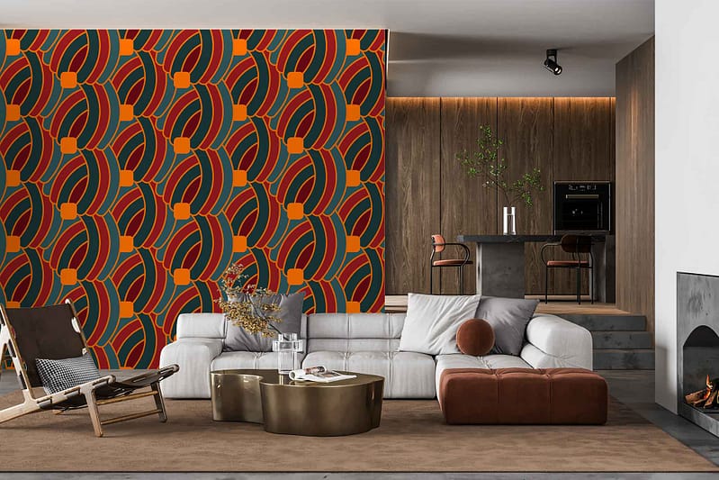 Bold geometric wallpaper with orange and dark green pattern.