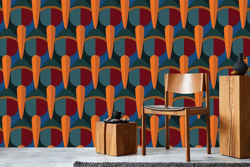 Bold, geometric patterned wallpaper; features orange, green, and red shapes.
