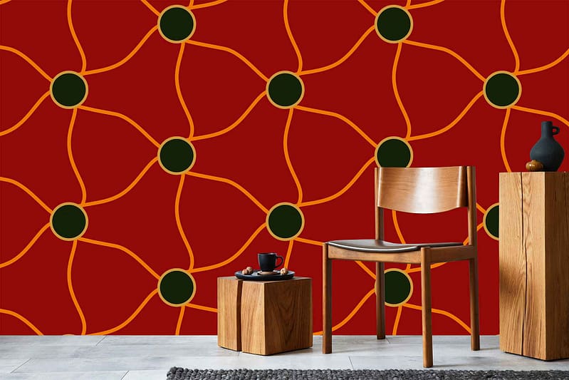 Red geometric pattern, gold lines, black circles.