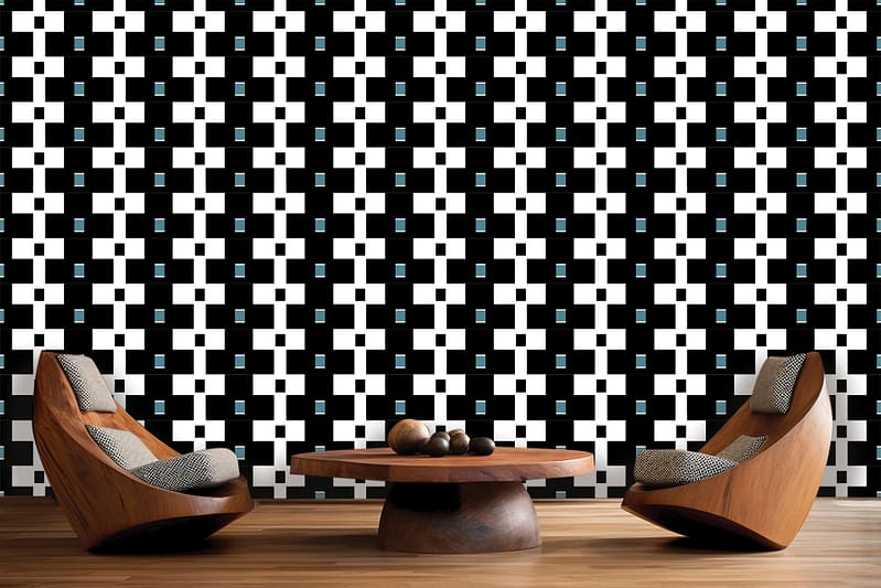 Litema-inspired geometric wallpaper featuring a striking pattern of black, white, and teal elements.
