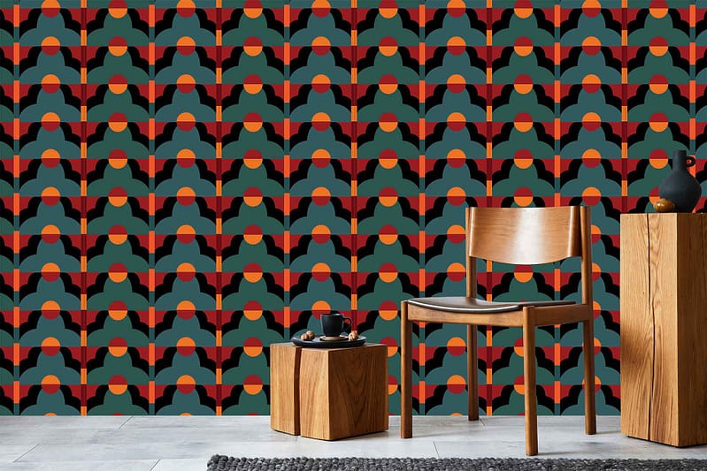 Geometric pattern wallpaper; stylized shapes; colors: green, red, orange, yellow.