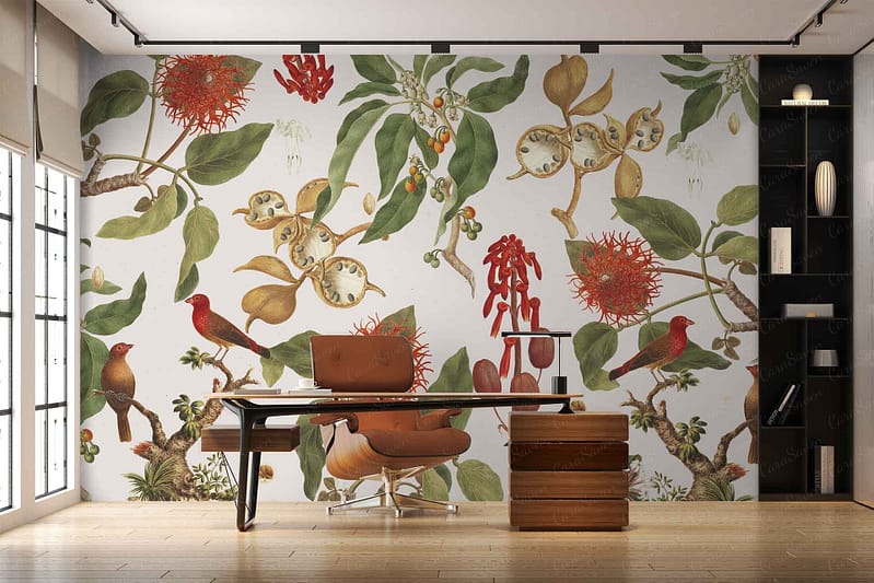 The wallpaper features a large, colorful botanical mural with vibrant leaves, diverse flowers, and various birds. The elements include lush green foliage, blooming flowers in shades of pink, yellow, and red, as well as detailed illustrations of birds in blues and oranges. This vibrant design creates an eye-catching contrast against the wooden floor and fills the room with a lively atmosphere.