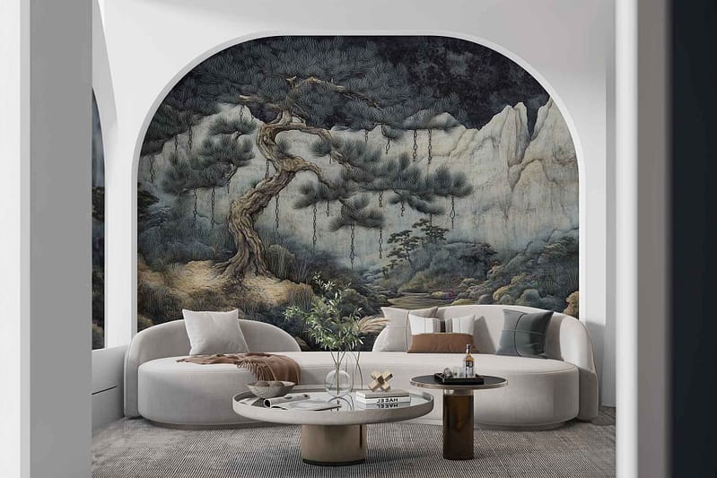 The wallpaper showcases a large artistic mural with a tree set against a mountainous backdrop. It reflects an adventurous spirit with earthy tones of greens, browns, and grays blending harmoniously. The mural's texture and vivid depiction of nature create a striking focal point in the room.