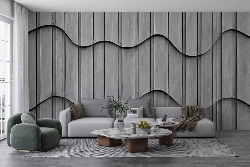 The wallpaper features a wavy wooden panel design adding texture and warmth to the modern living room. The natural wood tones in varying shades create an organic, fluid pattern, serving as a neutral yet elegant backdrop.