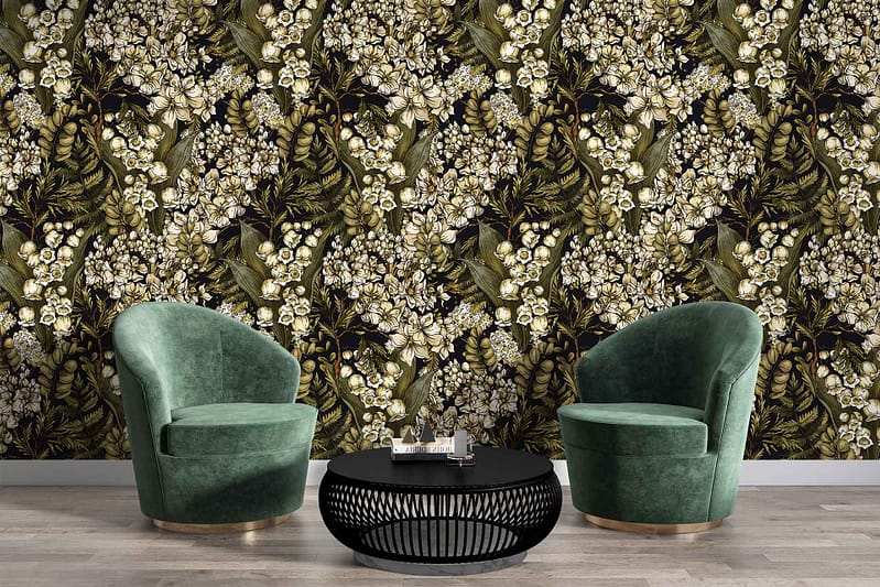 Dark floral wallpaper, white flowers, green leaves.