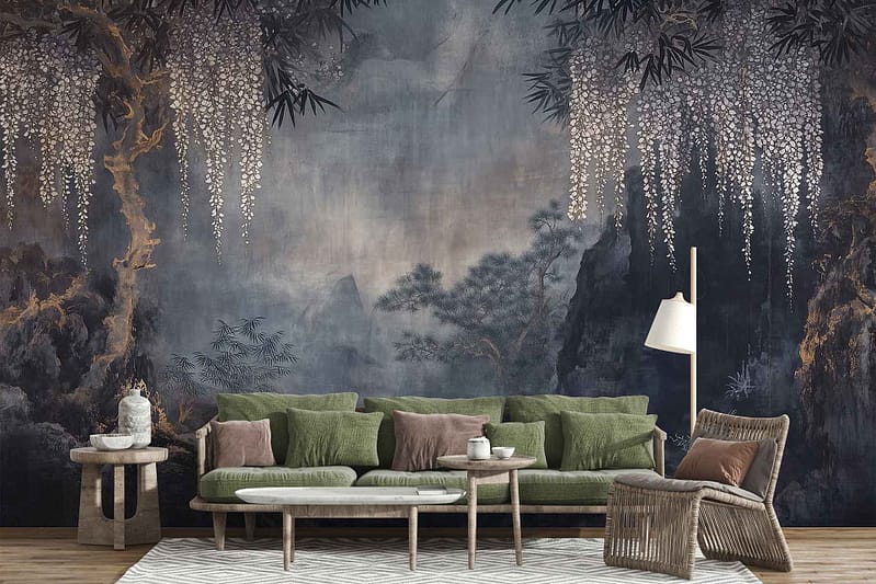 Mural wallpaper features a misty forest scene with shades of green, gray, and soft blues. Elements include trees shrouded in fog, creating an atmospheric and serene backdrop.