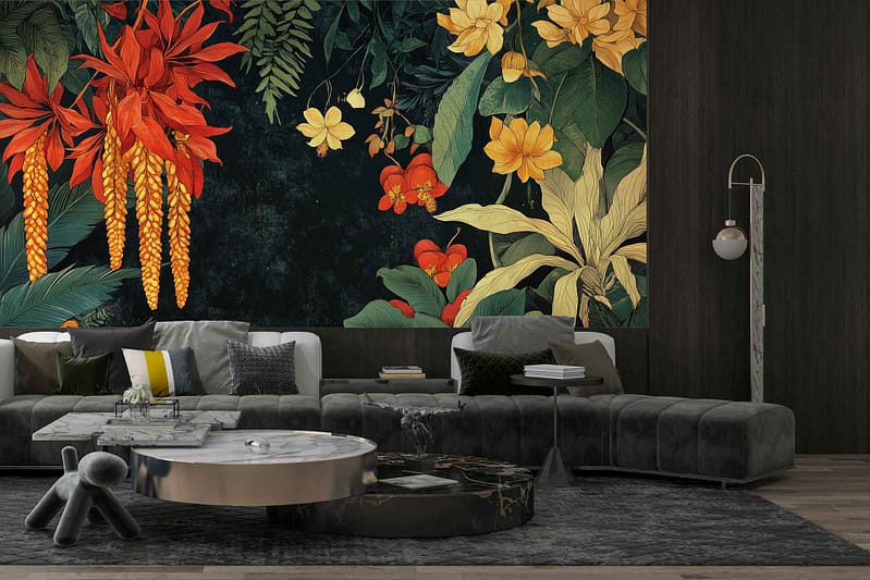 A large, bold botanical wallpaper featuring vibrant red, yellow, and green foliage creates an eye-catching backdrop. This modern wallpaper includes lush leaves and intricate patterns that infuse the living room with a touch of nature's elegance. The rich colors highlight the dynamic design, making it a focal point in any after-work retreat.