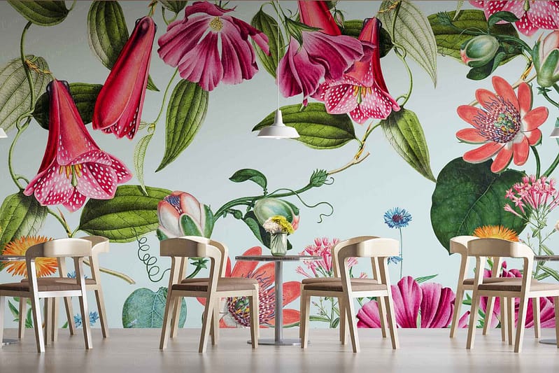 Vibrant mural featuring oversized red flowers, orchids, and lush green leaves.