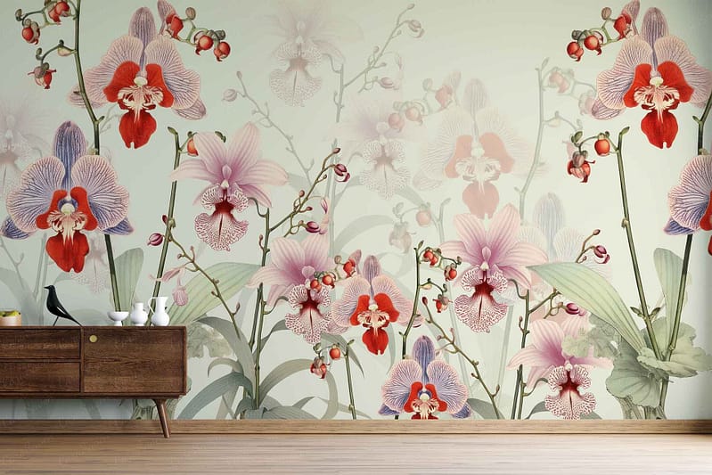 A decorative wall mural featuring vibrant orchids in red, pink, and purple hues surrounded by lush green leaves and delicate buds.