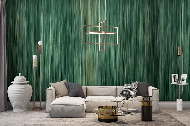 The wallpaper features vertical lines in a rich green shade, adding depth to the room with its simple yet striking pattern.
