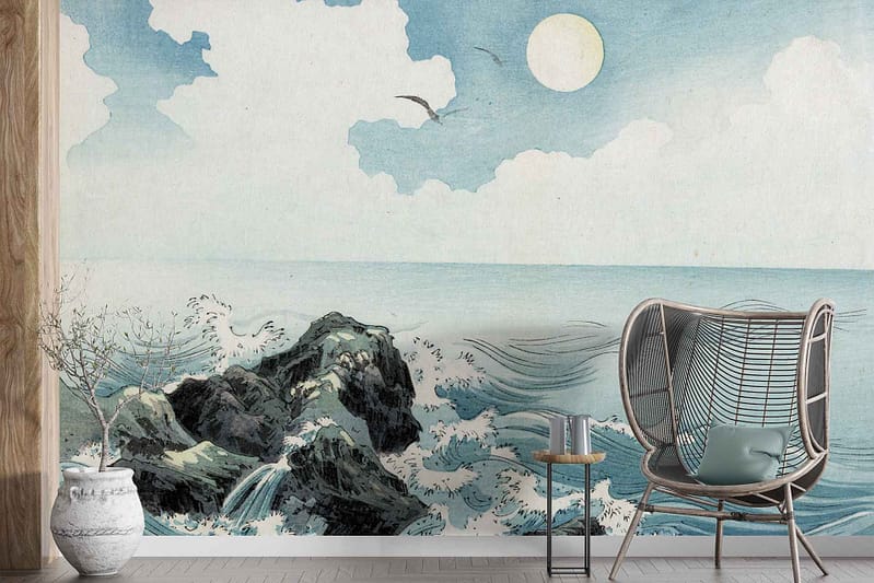 Ocean scene mural with waves, rocks, bright sun, and cloudy sky. Serene and vibrant elements in blue, white, yellow, and gray tones.
