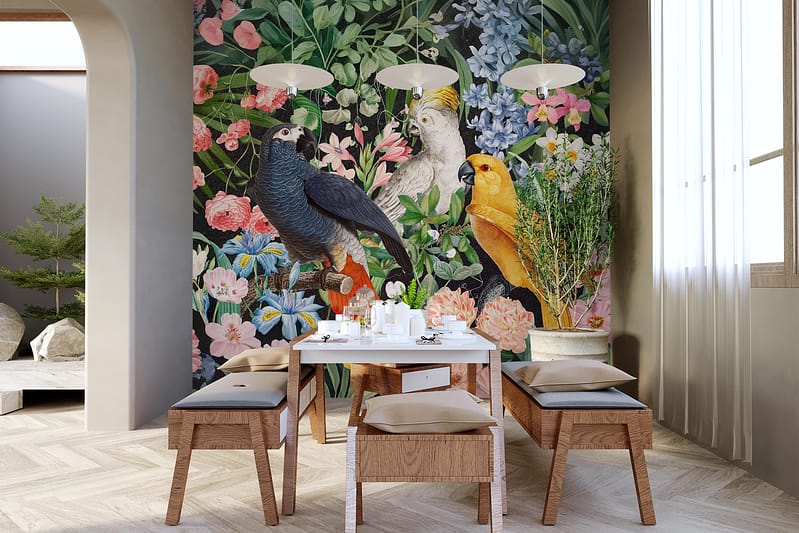 The wallpaper features a colorful mural of parrots, showcasing vivid shades of green, red, blue, and yellow. These vibrant hues add character and energy to the space.