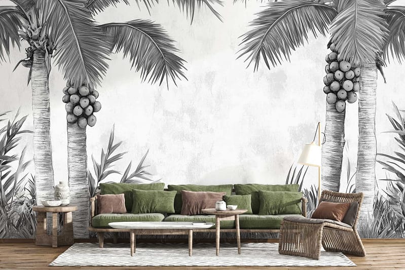 Tropical-themed mural featuring palm trees, hints of red accents.