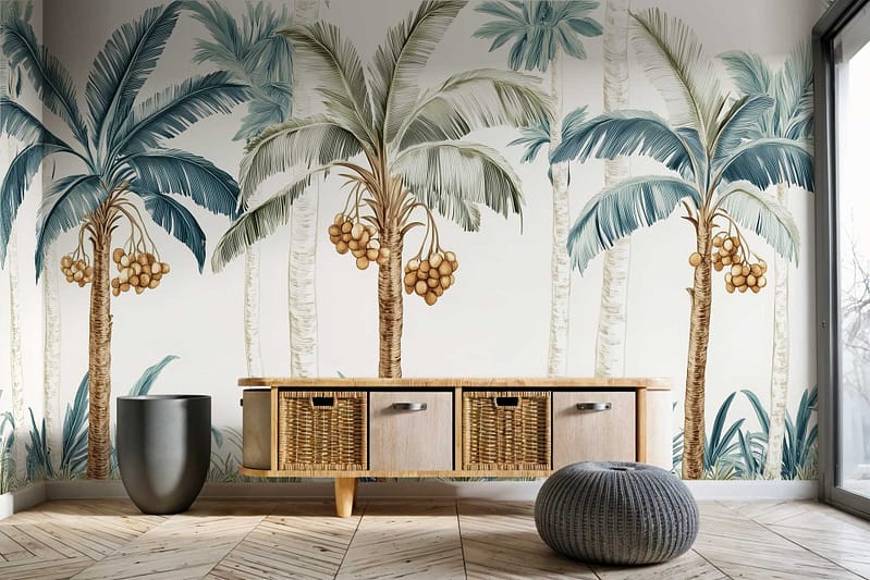 Tropical-themed wallpaper features tall palm trees swaying, green leaves, brown trunks, and a backdrop of blue sky suggesting a gentle breeze.