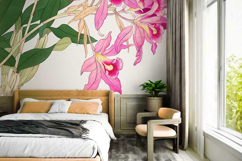 Floral mural with large pink and green leaves.