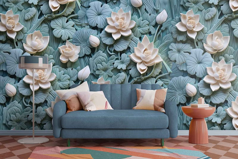 3D floral wallpaper with large lotus flowers and leaves; shades of blue and beige.
