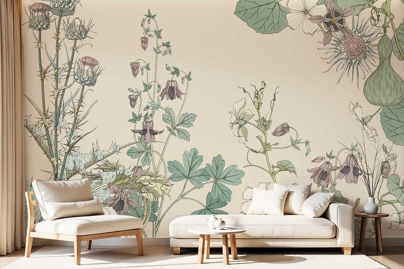 The large floral mural features intricate botanical designs with an array of leaves and flowers. It showcases a neutral and calming palette, including shades of beige, soft greens, muted blues, delicate pinks, and gentle creams. The light streaming through the floor-to-ceiling curtains enhances the subtle details in the wallpaper's foliage patterns, creating a soothing ambiance with its natural motifs.
