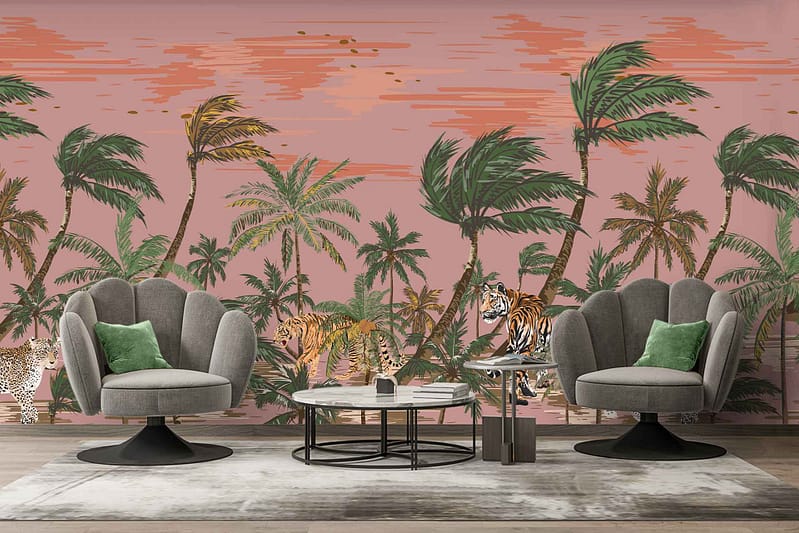 The wallpaper is a tropical mural featuring elements such as palm trees, tigers, and a leopard set against a pink sky.
