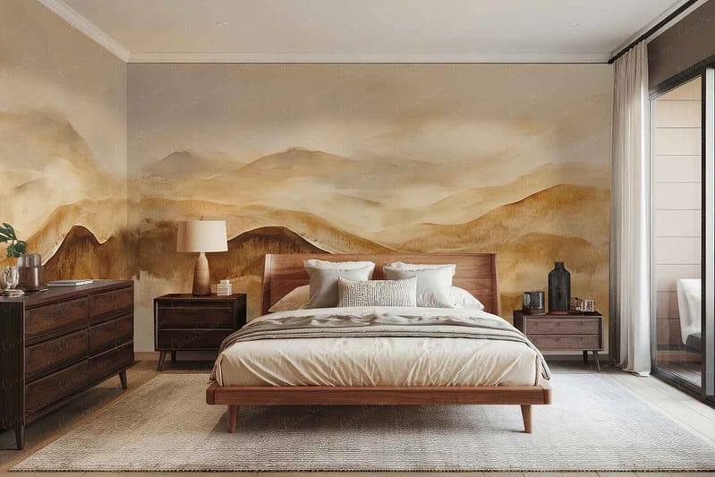 Desert-themed mural, soft earthy tones, soothing sand dunes, muted browns, subtle beiges, gentle terracotta accents, pale cactus greens.